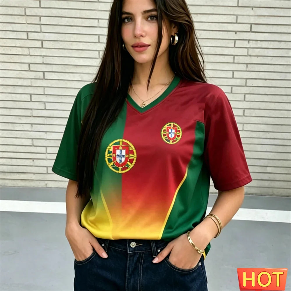 Fashion V-neck Women's T-Shirts Portugal National Flag Print Short Sleeve Tees Football Fan  Jersey Summer Loose Female Clothing