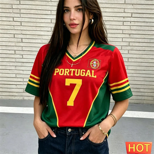 Fashion V-neck Women's T-Shirts Portugal National Flag Print Short Sleeve Tees Football Fan  Jersey Summer Loose Female Clothing