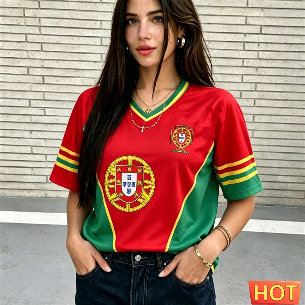 Fashion V-neck Women's T-Shirts Portugal National Flag Print Short Sleeve Tees Football Fan  Jersey Summer Loose Female Clothing