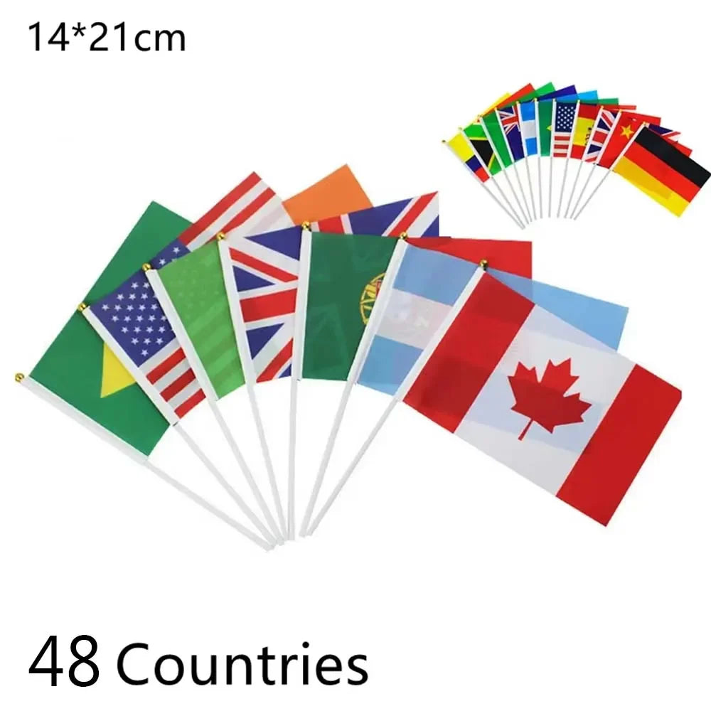 14X21cm 48 Countries Hanging Flags with Plastic Pole Double Sided Polyester Printing National Parade Flags for Football Game