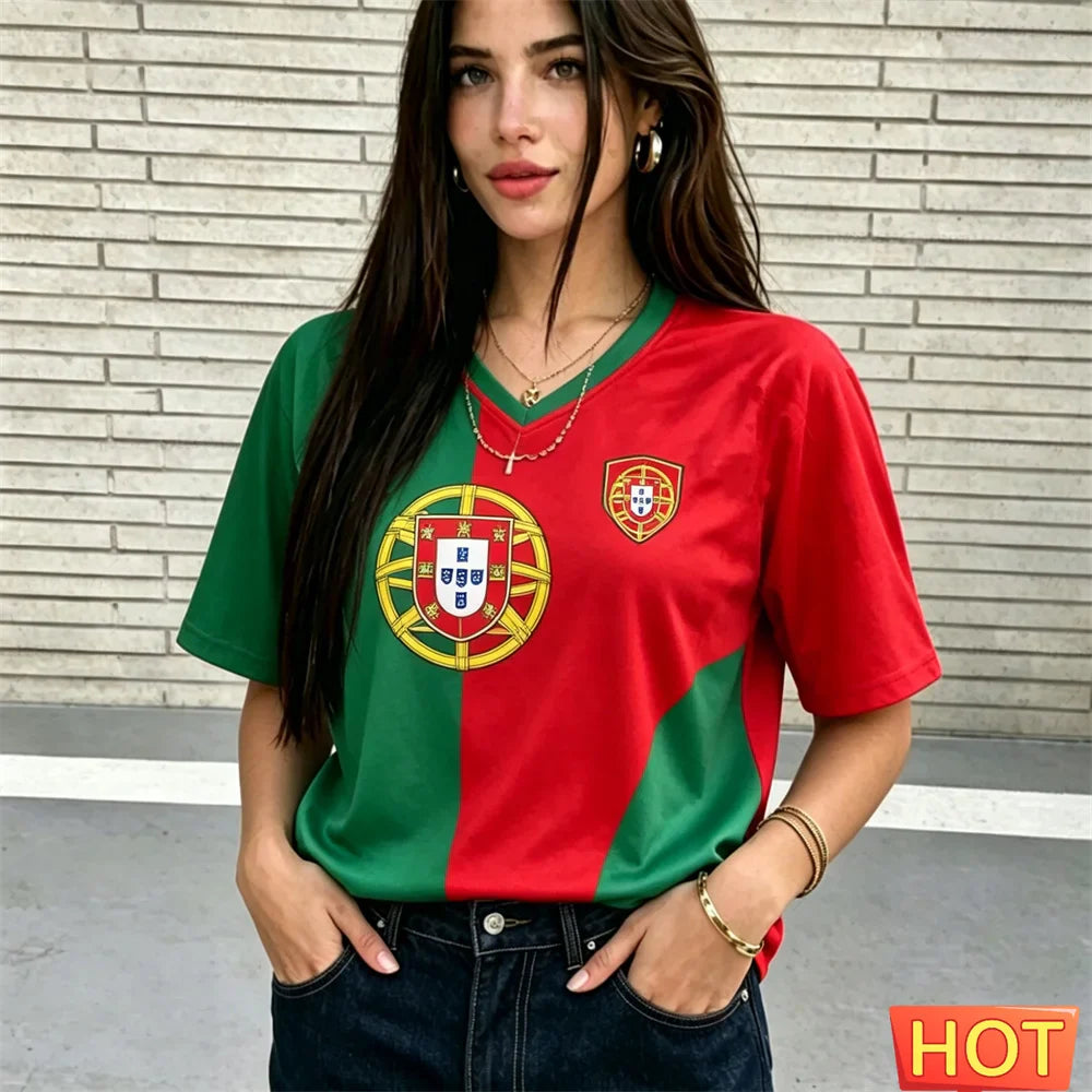 Fashion V-neck Women's T-Shirts Portugal National Flag Print Short Sleeve Tees Football Fan  Jersey Summer Loose Female Clothing