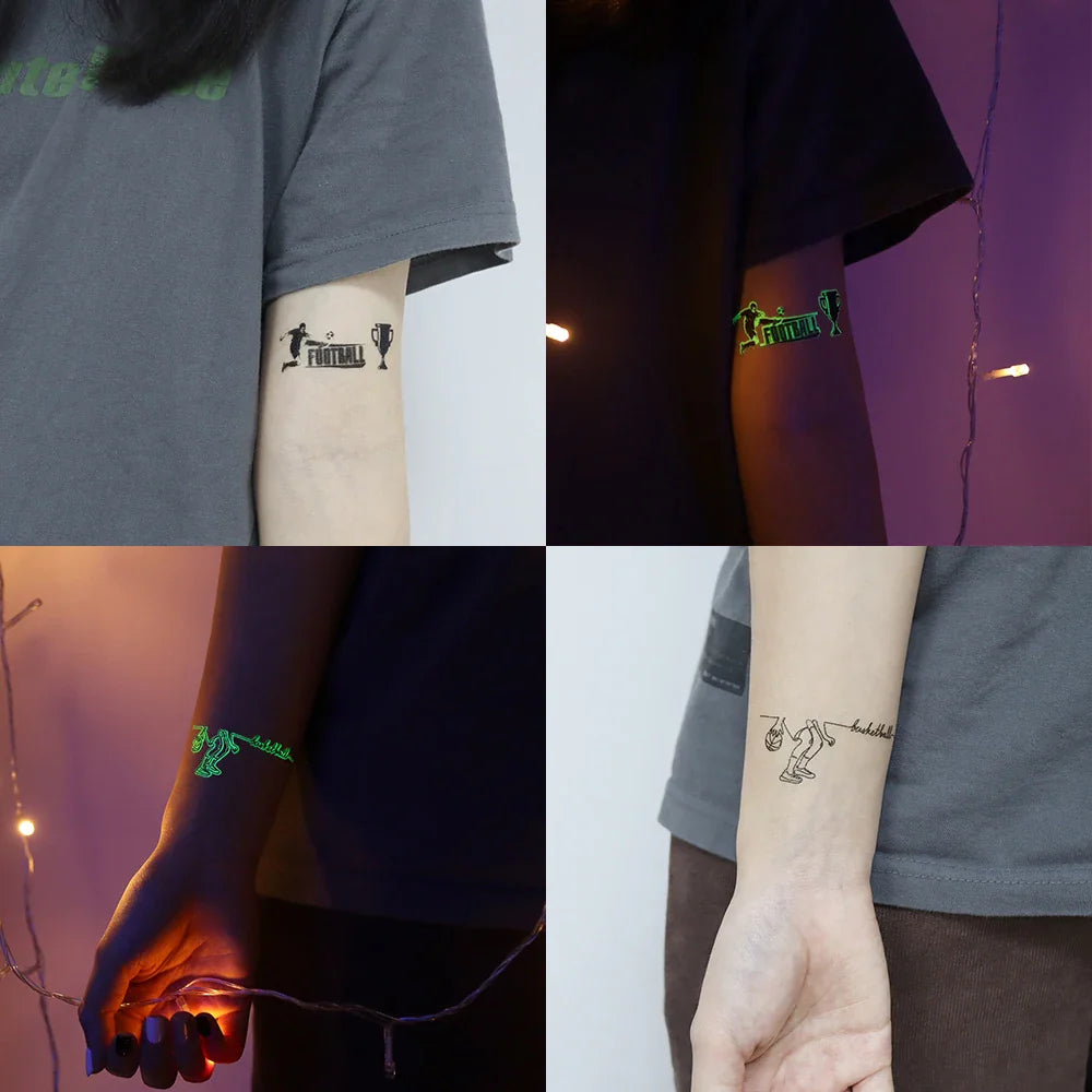 10pcs Soccer Green Luminous Glow In The Dark Waterproof Temporary Tattoo Stickers Face Football Match Arm Body Art Fake Tattoos